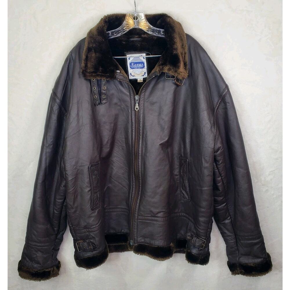 Vtg Nexus Dark Brown Leather Fur Lined Bomber Aviator Jacket Coat Buckles Men 3X